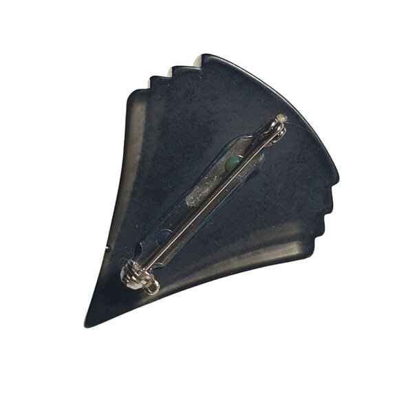 Vintage Art Deco Style Gold Tone Brooch Clear Cabochon Fan Design Pin Plastic - Picture 4 of 5